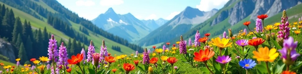 Vibrant alpine meadow flowers blooming in the mountains, showcasing a variety of wildflowers such as fireweed, columbine, and lupine,  lupine,  flowers