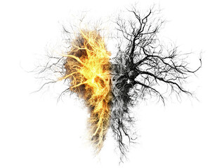 A striking visual of a tree split in half, showcasing fiery orange energy on one side and dark, charred branches