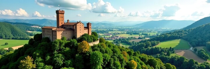 Obraz premium Scenic vertical view of Monteveglio castle in Bologna, Italy surrounded by lush greenery and rolling hills, Italy, background