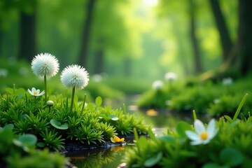 Unusual white fluffy flowers bloom in the lush green forest swamp during the warm summer months, creating a whimsical and enchanting scene,  Fluffy, Flowers
