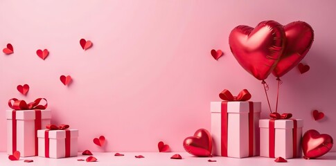 Valentine's day gifts and heart balloons with blank copyspace on a love-themed background with high definition quality,  blank space,  concept