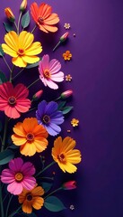 Vibrant and colorful flowers on a deep purple background,  vibrant, colorful