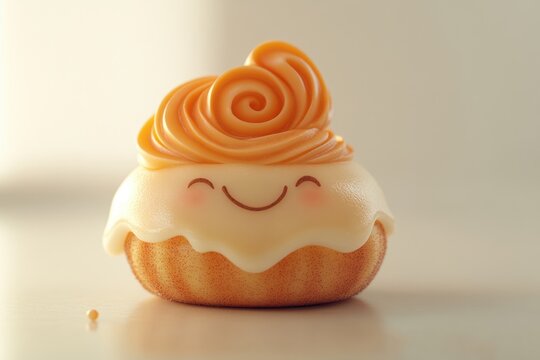A cute, smiling cupcake with swirls of orange frosting and a white glaze.