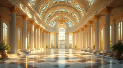 Fototapeta premium Grand Hall with Golden Columns and Stained Glass Windows Elegant Interior Design Luxurious Ar