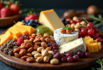 assorted cheese wheel nuts fruits gourmet platter artisan colors textures luxury snack, varieties, holiday, fresh, creamy, hard, soft, savory, sweet, dried