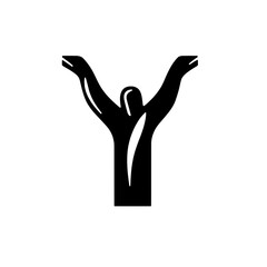 Fototapeta premium Minimalist black and white logo design featuring a stylized figure with raised arms symbolizing celebration or joy