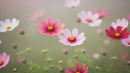 An Ethereal Dance of Cosmos Flowers: Delicate Pink, White, and Crimson Petals Swaying Gently in a Soft, Dreamy Haze.