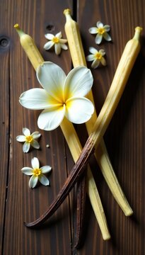 Vanilla sticks intertwined with delicate flowers on a rustic wooden background,  organic,  flowers