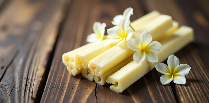 Vanilla sticks arranged with delicate white flowers on a rustic wooden surface,  aromatic,  beautiful