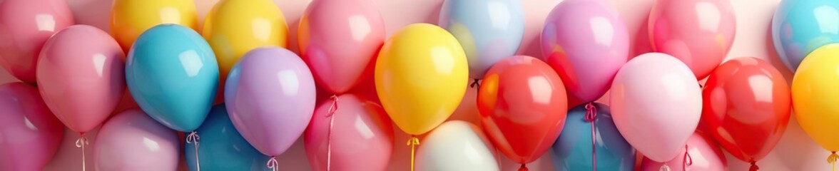 Variety of festive party balloons in different shapes and colors,  floating,  glossy