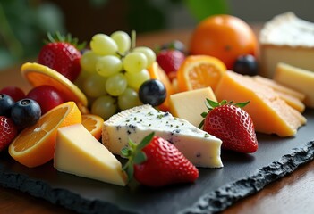 assorted cheeses varietals vibrant fresh fruits slate board appetizer platter gourmet delight colorful presentation, knife, brie, cheddar, grapes, berries