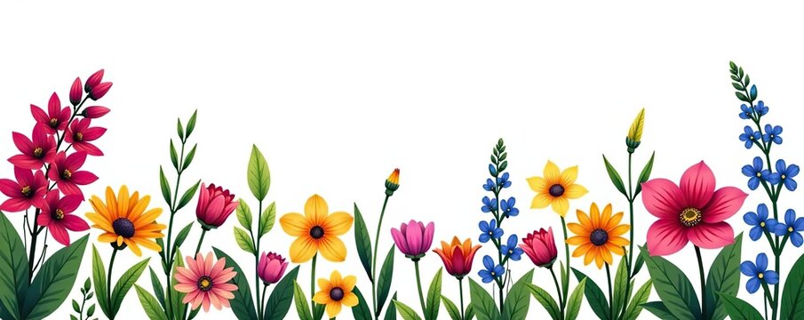 Variety of colorful flowers and plants illustration on white background,  garden,  flora