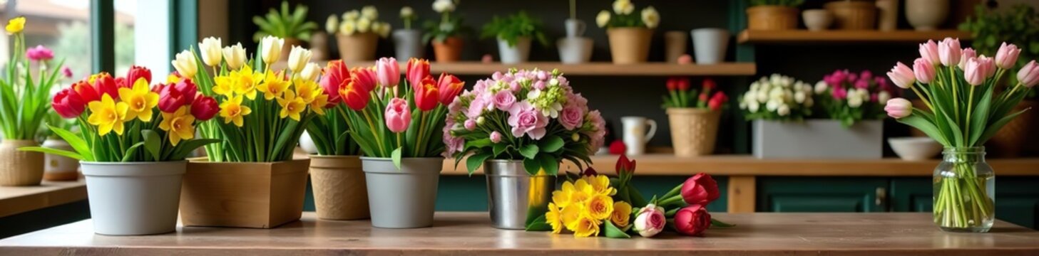 Various blooming plants including tulips, daffodils, and hydrangeas arranged on a wooden table in a charming florist's shop in springtime,  hydrangeas, plants