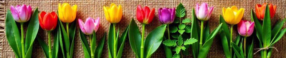 Various colorful flowers and green plants neatly tied together on a rustic burlap background,  decoration,  spring