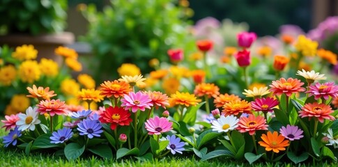 Various colorful flowers and plants arranged in a flower bed, creating a beautiful garden scene,  background,  colorful