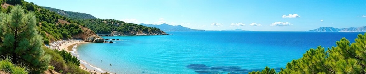Fototapeta premium Scenic view of crystal blue waters and lush greenery in Cyprus, with clear blue skies overhead, beauty, nature