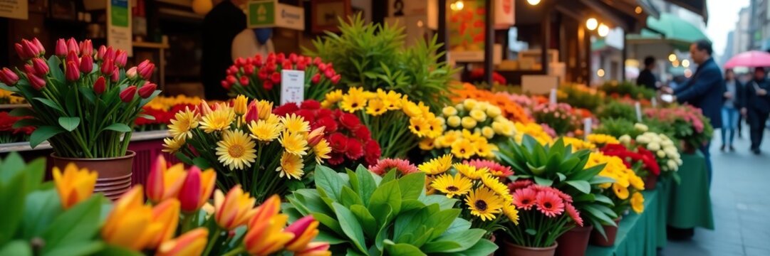 Various colorful flowers and lush green plants on display at a bustling street market stall,  fresh,  retail