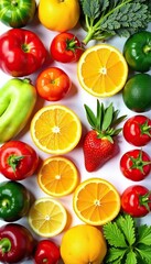 Various colorful fresh fruits and vegetables arranged in a visually appealing pattern on a white background,  natural,  white