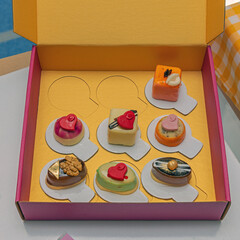 Top View of Open Box With Collection of Colourful Small Cakes