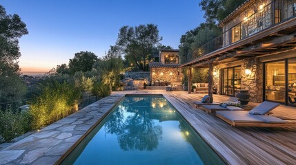 Fototapeta premium Serene Luxury Villa with Pool Surrounded by Nature at Dusk, Capturing Tranquility and Elegance in Modern Architecture