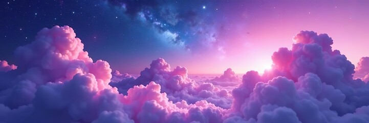 Soft clouds floating in a galaxy-filled sky with purple, blue, and magenta pink hues, dotted with stars and galaxy glitter,  blue, mysterious