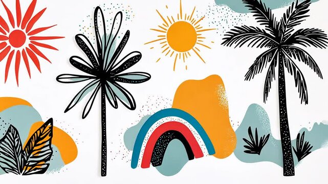 Abstract Tropical Landscape with Palm Trees, Sun, Rainbow and Leafy Plants Illustration