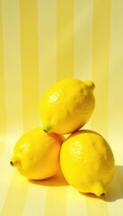 Three fresh lemons arranged in a stack on a bright yellow striped white background under the warm sunlight,  fruit,  harvest