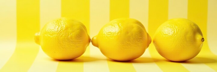 Three fresh lemons arranged on a vibrant yellow striped white background under the warm sunlight,  striped,  summer