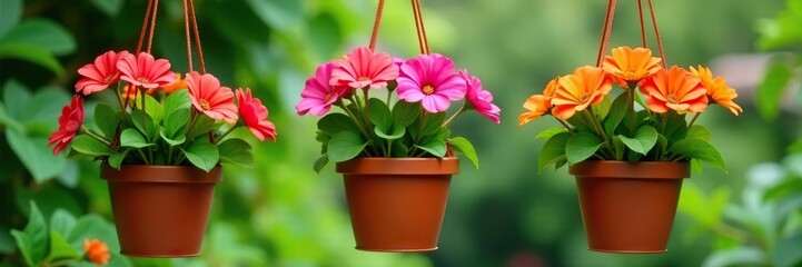Three hanging flower pots with vibrant pink and orange blooms hanging in a garden setting,  pink,  floral