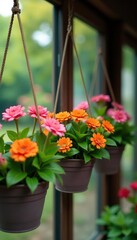 Three hanging flower pots with vibrant pink and orange flowers hanging,  hanging,  floral