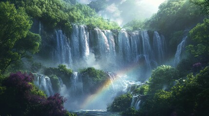 Fototapeta premium Majestic waterfall rainbow paradise, lush tropical valley, serene background, travel poster