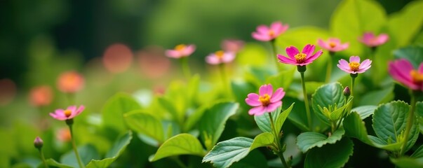 Tiny colorful flowers blooming in a lush garden setting with vibrant green foliage,  garden, flowers