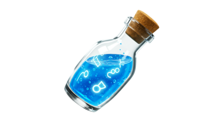 Enchanted Blue Potion Bottle: Glowing Elixir with Floating Symbols. Fantasy, Magic, or Gaming Concept Symbolizing Spells, Knowledge, or Mystical Potions for RPGs & Alchemy.