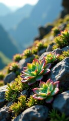 Tiny succulents with vibrant green and purple leaves peek out from under alpine slide plants, thriving in the cool shade of the mountainside,  alpine slide plants,  purple leaves
