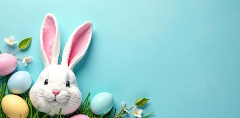 Top view of Easter bunny ears and colorful eggs on pastel blue background, Easter,  festive