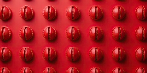 Top view of red coffee pods arranged in rows on red background,  drink, coffee