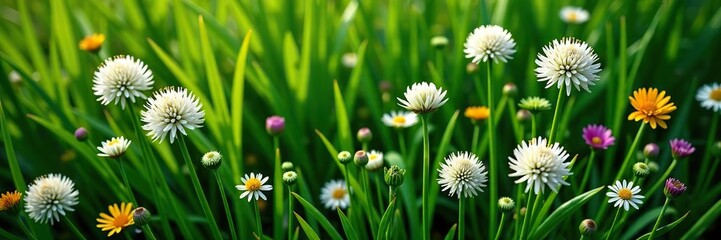 Top view of wild onion plants with white flowers amidst lush green grass and blooming flowers,  bloom,  white flowers