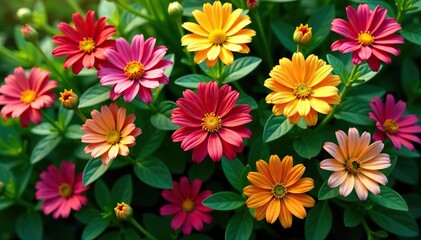 Top view of vibrant flowers blooming on green plants in a park,  beauty, flowers
