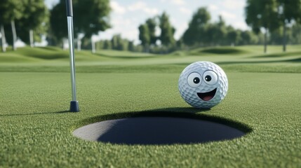 Obraz premium A smiling golf ball is on a grassy field. The sun is setting in the background. The ball is smiling and looking at the camera