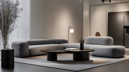 Minimalist living room featuring a modular sofa in light grey, complemented by round coffee tables and a simple floor lamp against a neutral-toned wall. Modern design and serene ambiance.