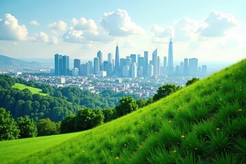 Scenic view of lush green hillside against urban skyline, nature vs cityscape,  urban,  contrast