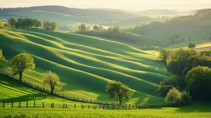 Fototapeta premium A beautiful spring landscape of the hills of South Moravia in the morning light. Rural landscape of nature with trees and fence on green hills, Czech Republic. Amazing morning light.