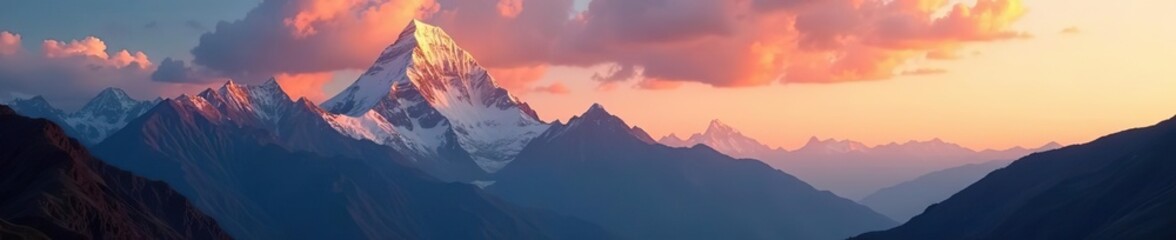 Scenic view of Machapuchare peak in Annapurna range bathed in golden sunset light with dramatic clouds in the sky,  sky, mountain