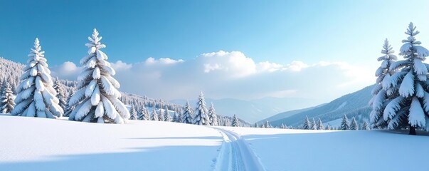 Snow-covered landscape with a serene wintery blue sky, perfect for winter-themed designs,  cold,  blue