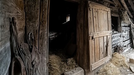 Rustic barn interior, wooden door, hay, tools, shadows, rural setting, historical