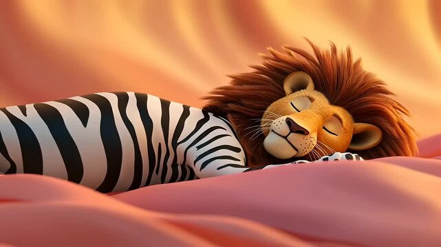 A whimsical scene of a sleeping lion with zebra stripes on a soft, colorful background