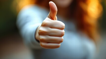 Woman showing thumbs up gesture in a natural setting during daytime, expressing positivity and approval