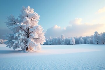 Snow-covered landscape with frosty trees and icy fields during the early days of winter,  icy,  landscape