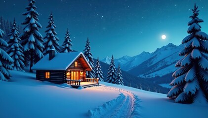 Snow-covered landscape with pine trees, snowflakes falling, a cozy cabin with smoke coming out of the chimney, and a starry night sky,  snow,  wallpaper