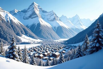 Snow-covered mountain peaks and valleys in the Swiss Alps, showcasing the picturesque town of Grindelwald,  snowy,  picturesque